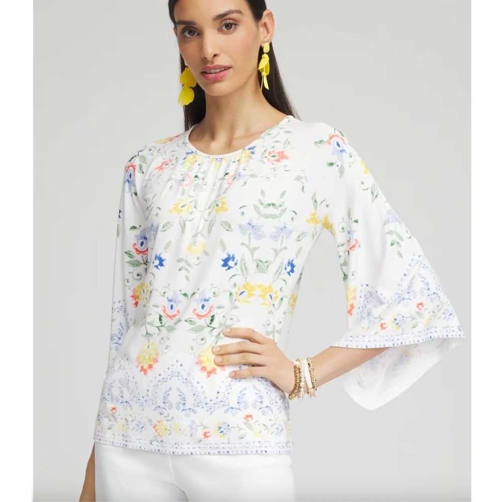 Chico's Touch of Cool Angel Sleeve Floral Blouse Women's Size 2 Large Rayon 2025